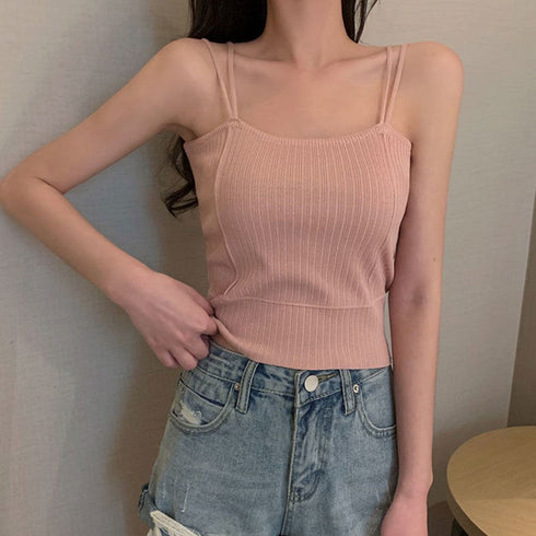 リブニットキャミソール ダブルストラップ レディース ノースリーブ キャミニット ショート丈 可愛い サマーニット 重ね着 インナー 着回し タンクトップ 85YN-900315