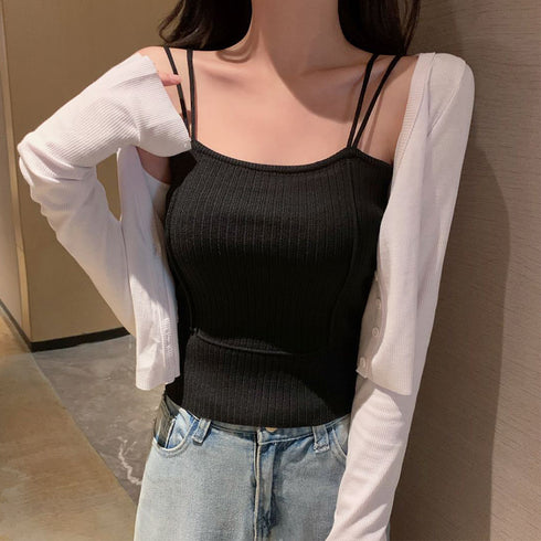 リブニットキャミソール ダブルストラップ レディース ノースリーブ キャミニット ショート丈 可愛い サマーニット 重ね着 インナー 着回し タンクトップ 85YN-900315