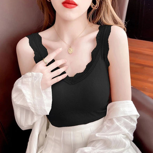 タンクトップス カップ付き リブインナー 重ね着 レースキャミソール レディース Vネックセクシー下着 ノースリーブ 韓国風 アンダーウェア シンプル 85YN-900323