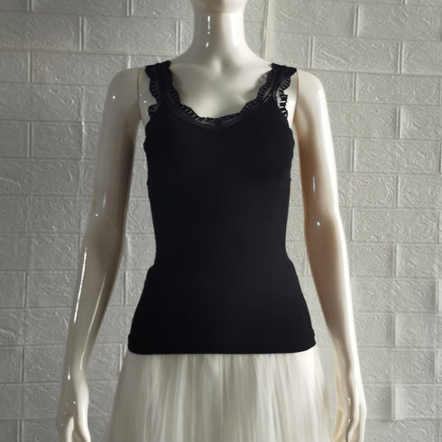 タンクトップス カップ付き リブインナー 重ね着 レースキャミソール レディース Vネックセクシー下着 ノースリーブ 韓国風 アンダーウェア シンプル 85YN-900323