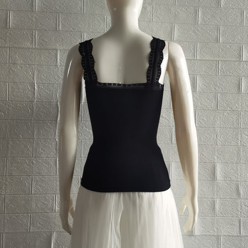 タンクトップス カップ付き リブインナー 重ね着 レースキャミソール レディース Vネックセクシー下着 ノースリーブ 韓国風 アンダーウェア シンプル 85YN-900323