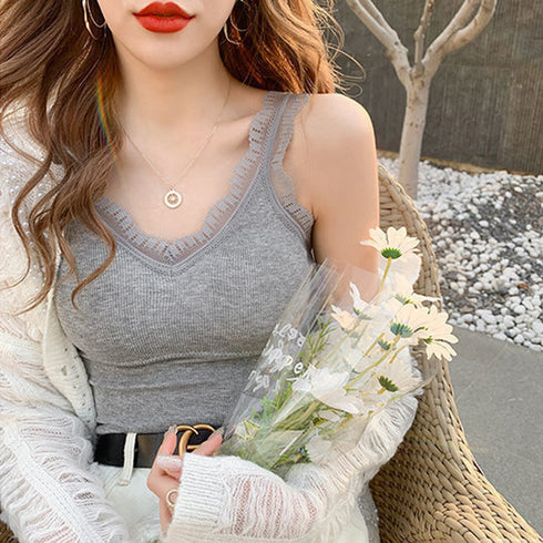 タンクトップス カップ付き リブインナー 重ね着 レースキャミソール レディース Vネックセクシー下着 ノースリーブ 韓国風 アンダーウェア シンプル 85YN-900323