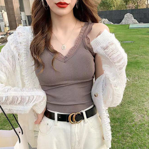 タンクトップス カップ付き リブインナー 重ね着 レースキャミソール レディース Vネックセクシー下着 ノースリーブ 韓国風 アンダーウェア シンプル 85YN-900323