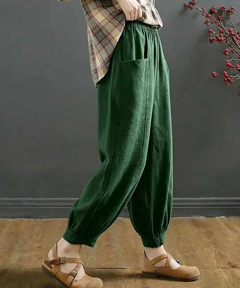 サルエルパンツ レディース ハイウエスト リネンパンツ ウエストゴム 着やせ パンツ ゆったり ポケット付き 九分丈パンツ カジュアル クロップドパンツ 85YN-900325