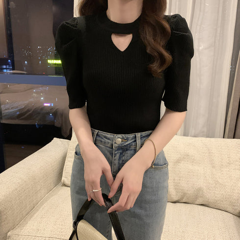 リブニットトップス 韓国風 サマーニット レディース ハート型 穴あき ニットソー 5分袖 シンプル カットソー プルオーバー パフスリーブ tシャツ おしゃれ 85YN-900329