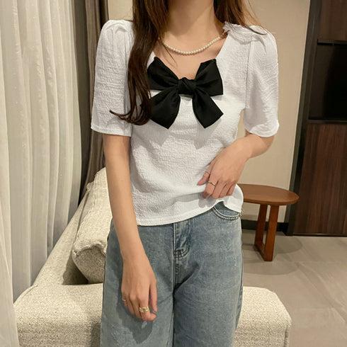 ネックレス付きブラウス レディース 半袖 トップス フェミニン 大きなリボン付き ブラウス 無地 可愛い 薄手 シャツブラウス プルオーバー 85YN-900335
