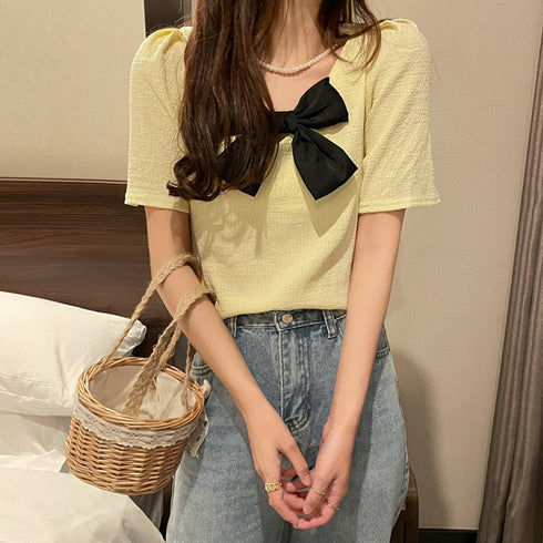 ネックレス付きブラウス レディース 半袖 トップス フェミニン 大きなリボン付き ブラウス 無地 可愛い 薄手 シャツブラウス プルオーバー 85YN-900335