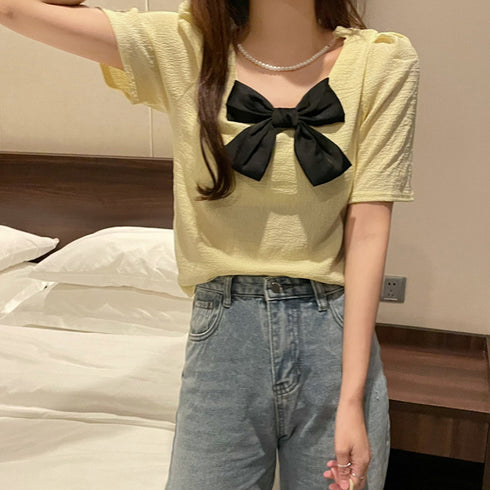 ネックレス付きブラウス レディース 半袖 トップス フェミニン 大きなリボン付き ブラウス 無地 可愛い 薄手 シャツブラウス プルオーバー 85YN-900335