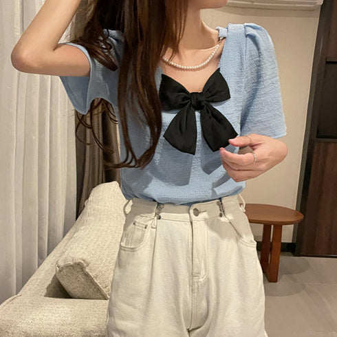 ネックレス付きブラウス レディース 半袖 トップス フェミニン 大きなリボン付き ブラウス 無地 可愛い 薄手 シャツブラウス プルオーバー 85YN-900335