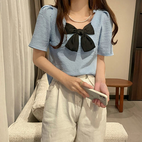 ネックレス付きブラウス レディース 半袖 トップス フェミニン 大きなリボン付き ブラウス 無地 可愛い 薄手 シャツブラウス プルオーバー 85YN-900335