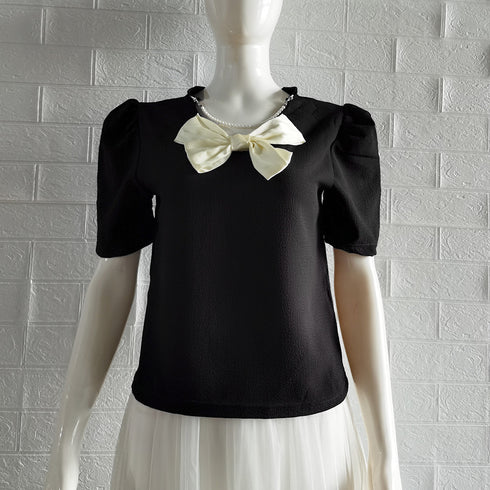 ネックレス付きブラウス レディース 半袖 トップス フェミニン 大きなリボン付き ブラウス 無地 可愛い 薄手 シャツブラウス プルオーバー 85YN-900335