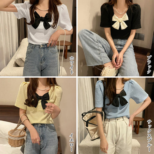 ネックレス付きブラウス レディース 半袖 トップス フェミニン 大きなリボン付き ブラウス 無地 可愛い 薄手 シャツブラウス プルオーバー 85YN-900335