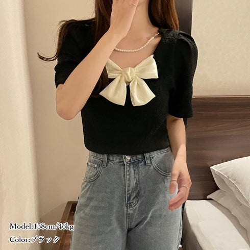 ネックレス付きブラウス レディース 半袖 トップス フェミニン 大きなリボン付き ブラウス 無地 可愛い 薄手 シャツブラウス プルオーバー 85YN-900335
