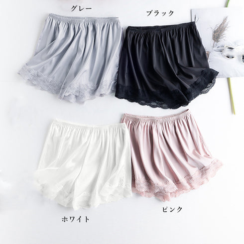 ペチコートパンツ レディース 裾レース タップパンツ 透け防止 インナーパンツ ウエストゴム ショートパンツ サラサラ 部屋着 チラ見え ナイトウエア 薄手 85YN-900338