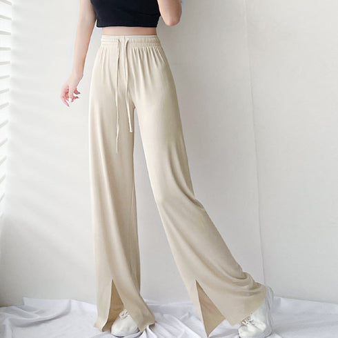 イージーワイドパンツ フロントスリット ロングパンツ レディース ハイウエスト リラックスパンツ ウエストゴム サマーパンツ 接触 冷感 ストレートパンツ 春夏 85YN-900342
