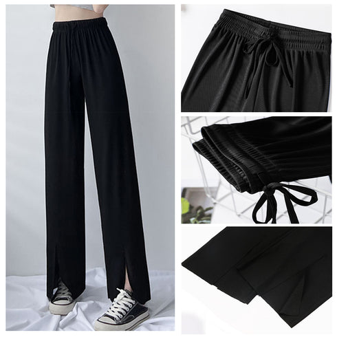 イージーワイドパンツ フロントスリット ロングパンツ レディース ハイウエスト リラックスパンツ ウエストゴム サマーパンツ 接触 冷感 ストレートパンツ 春夏 85YN-900342