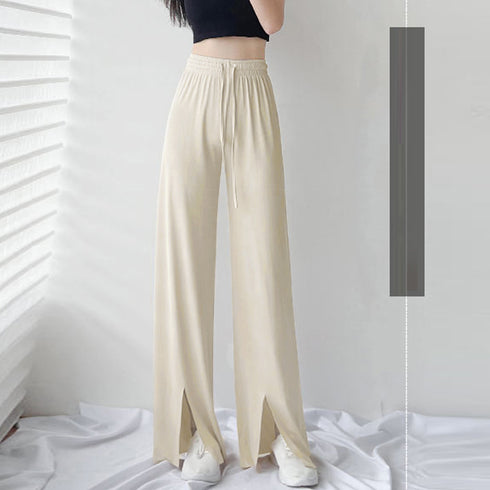 イージーワイドパンツ フロントスリット ロングパンツ レディース ハイウエスト リラックスパンツ ウエストゴム サマーパンツ 接触 冷感 ストレートパンツ 春夏 85YN-900342