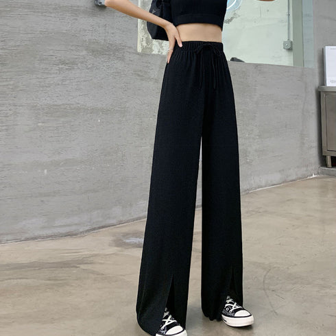 イージーワイドパンツ フロントスリット ロングパンツ レディース ハイウエスト リラックスパンツ ウエストゴム サマーパンツ 接触 冷感 ストレートパンツ 春夏 85YN-900342
