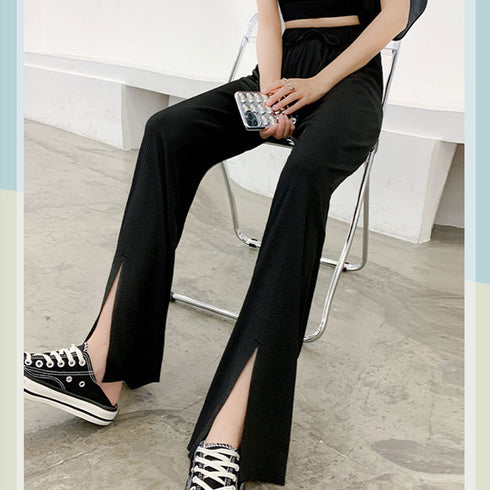 イージーワイドパンツ フロントスリット ロングパンツ レディース ハイウエスト リラックスパンツ ウエストゴム サマーパンツ 接触 冷感 ストレートパンツ 春夏 85YN-900342