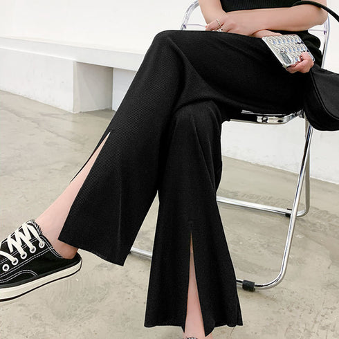 イージーワイドパンツ フロントスリット ロングパンツ レディース ハイウエスト リラックスパンツ ウエストゴム サマーパンツ 接触 冷感 ストレートパンツ 春夏 85YN-900342