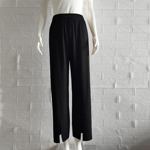 イージーワイドパンツ フロントスリット ロングパンツ レディース ハイウエスト リラックスパンツ ウエストゴム サマーパンツ 接触 冷感 ストレートパンツ 春夏 85YN-900342