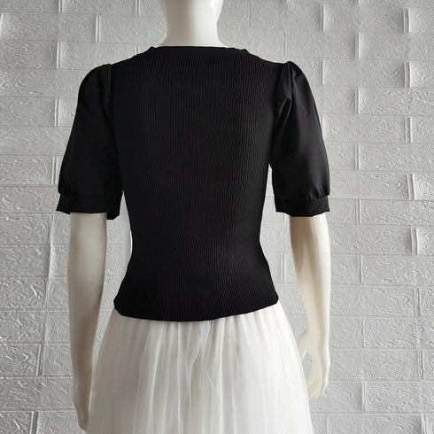 異素材シフォンサマーニット レディース スクエアネック ドッキング ニットブラウス フロントボタン ニットシャツ パフスリーブシャツブラウス 大人可愛い 85YN-900349