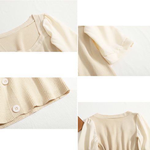 異素材シフォンサマーニット レディース スクエアネック ドッキング ニットブラウス フロントボタン ニットシャツ パフスリーブシャツブラウス 大人可愛い 85YN-900349