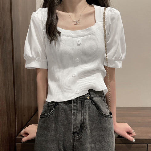 異素材シフォンサマーニット レディース スクエアネック ドッキング ニットブラウス フロントボタン ニットシャツ パフスリーブシャツブラウス 大人可愛い 85YN-900349