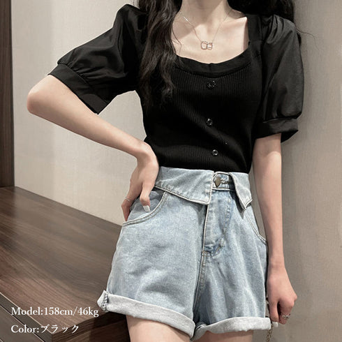 異素材シフォンサマーニット レディース スクエアネック ドッキング ニットブラウス フロントボタン ニットシャツ パフスリーブシャツブラウス 大人可愛い 85YN-900349