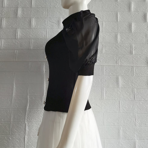 異素材シフォンサマーニット レディース スクエアネック ドッキング ニットブラウス フロントボタン ニットシャツ パフスリーブシャツブラウス 大人可愛い 85YN-900349