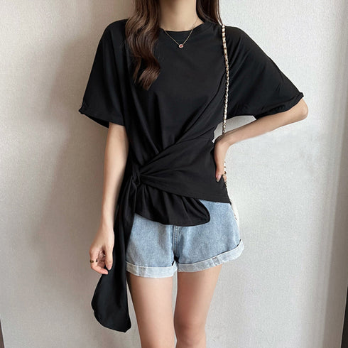 tシャツ 春夏 イレギュラーヘム 半袖 カットソー レディース 着やせ セクシートップス アシンメトリーtシャツ クルーネック無地トップス シンプル 85YN-900363