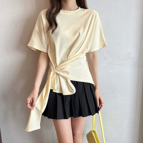tシャツ 春夏 イレギュラーヘム 半袖 カットソー レディース 着やせ セクシートップス アシンメトリーtシャツ クルーネック無地トップス シンプル 85YN-900363