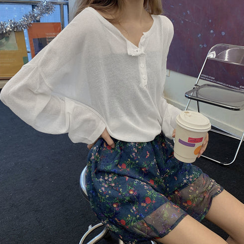 スリットチュニックTシャツ サマーニット レディース 紫外線対策 ゆったり シアートップス フロントボタン ドロップショルダー透け感 薄手 プルオーバー 85YN-900366