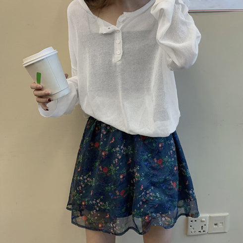 スリットチュニックTシャツ サマーニット レディース 紫外線対策 ゆったり シアートップス フロントボタン ドロップショルダー透け感 薄手 プルオーバー 85YN-900366