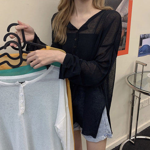 スリットチュニックTシャツ サマーニット レディース 紫外線対策 ゆったり シアートップス フロントボタン ドロップショルダー透け感 薄手 プルオーバー 85YN-900366