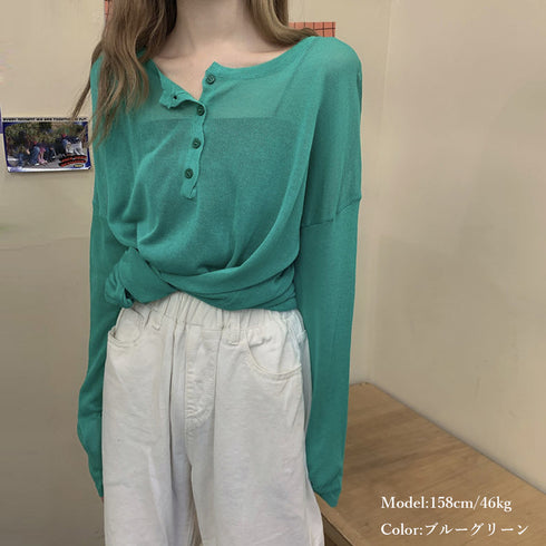スリットチュニックTシャツ サマーニット レディース 紫外線対策 ゆったり シアートップス フロントボタン ドロップショルダー透け感 薄手 プルオーバー 85YN-900366