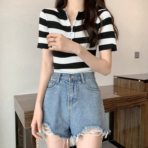 サマーニット レディース ニットトップス ファスナー付き 韓国風 リブニット 着やせ 半袖 ニットTシャツ シンプル カジュアルニットソー 春秋夏 トップス 85YN-900370