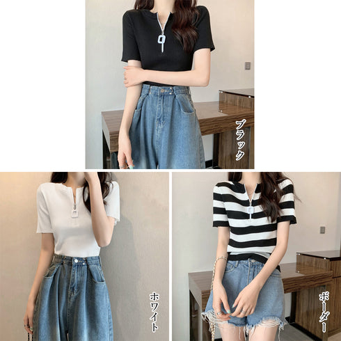 サマーニット レディース ニットトップス ファスナー付き 韓国風 リブニット 着やせ 半袖 ニットTシャツ シンプル カジュアルニットソー 春秋夏 トップス 85YN-900370