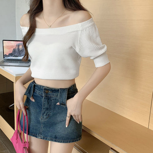 2WAYオフショルダーニットトップス無地 レディース 肩出し サマーニット ショート丈 リブニット セクシー 着やせ ニットソー鎖骨見せ トップス パフスリーブ 85YN-900372