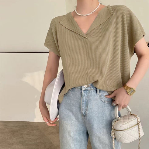 フレンチスリーブ サマーニット 韓国風 レディース vネック ニットTシャツ ゆったり 半袖トップス 着やせ リブニット 無地 カジュアル ニットカットソー 85YN-900378