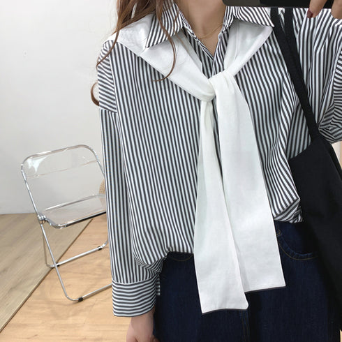 シャツブラウス ストラップ柄 レディース 肩掛け風 2点セット 韓国風 チュニックシャツ オフィスカジュアル ブラウス 着やせ おしゃれ トップス 体型カバー 85YN-900385