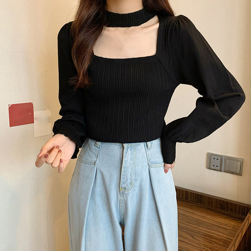 チョーカー風 リブニットトップス 韓国風 レディース バストオープン ニットトップス カジュアル パフスリーブ ニットソー 20代 30代 ニットウエア おしゃれ 85YN-900390