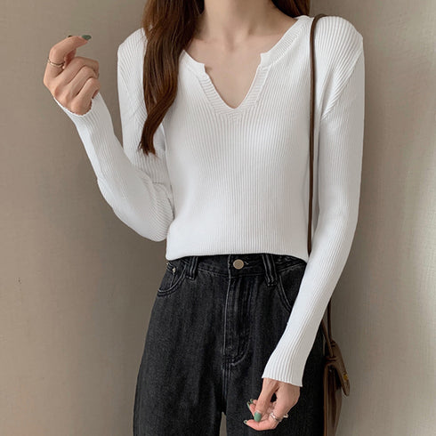 キーネック タイトリブニット 韓国風 ニットトップス 重ね着 大人可愛い ニットセーター きれいめ プルオーバー ニットソー 着やせ カジュアル おしゃれ 85YN-900392