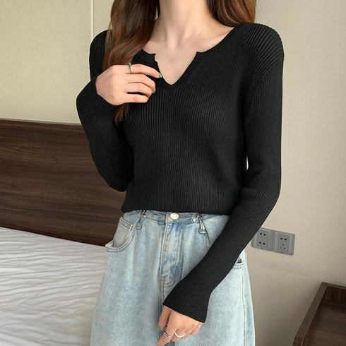 キーネック タイトリブニット 韓国風 ニットトップス 重ね着 大人可愛い ニットセーター きれいめ プルオーバー ニットソー 着やせ カジュアル おしゃれ 85YN-900392