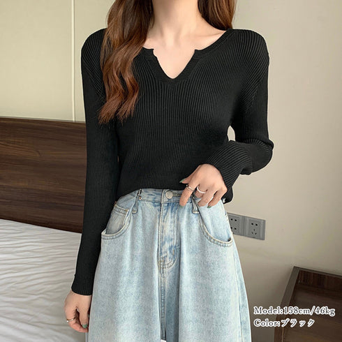 キーネック タイトリブニット 韓国風 ニットトップス 重ね着 大人可愛い ニットセーター きれいめ プルオーバー ニットソー 着やせ カジュアル おしゃれ 85YN-900392