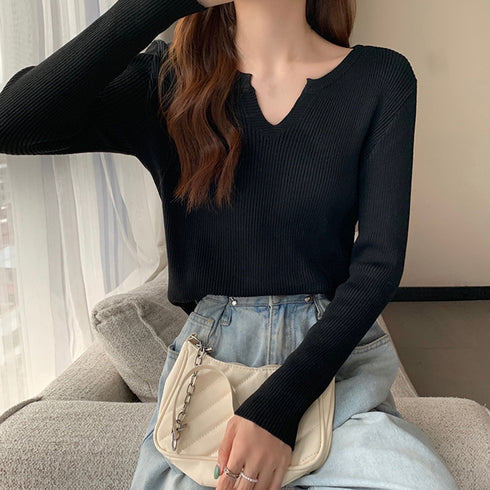 キーネック タイトリブニット 韓国風 ニットトップス 重ね着 大人可愛い ニットセーター きれいめ プルオーバー ニットソー 着やせ カジュアル おしゃれ 85YN-900392