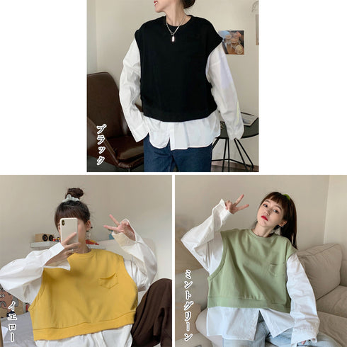 レイヤード風 ドッキングブラウス 韓国風 レディース ゆったり 異素材 クールネック シャツドッキング プルオーバー トップス おしゃれ 無地 85YN-900397