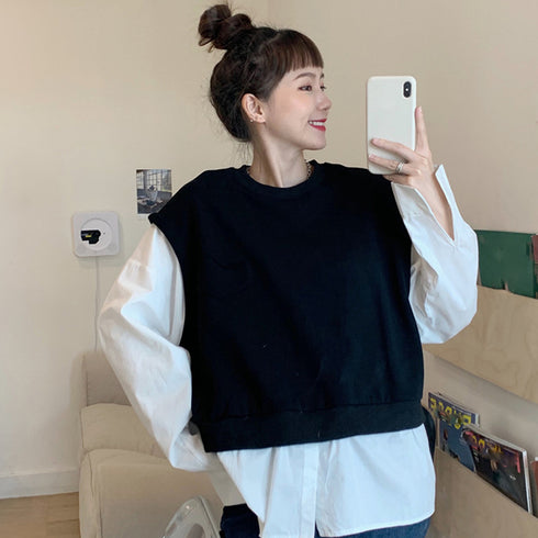 レイヤード風 ドッキングブラウス 韓国風 レディース ゆったり 異素材 クールネック シャツドッキング プルオーバー トップス おしゃれ 無地 85YN-900397