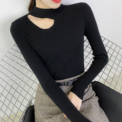 ニットトップス デコルテカットリブニット レディース セクシー ニットプルオーバー 大人秋服 ニットウエア 普段着 長袖ニットセーター カジュアル ニットインナー 85YN-900403
