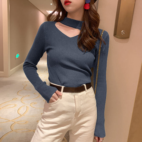 ニットトップス デコルテカットリブニット レディース セクシー ニットプルオーバー 大人秋服 ニットウエア 普段着 長袖ニットセーター カジュアル ニットインナー 85YN-900403